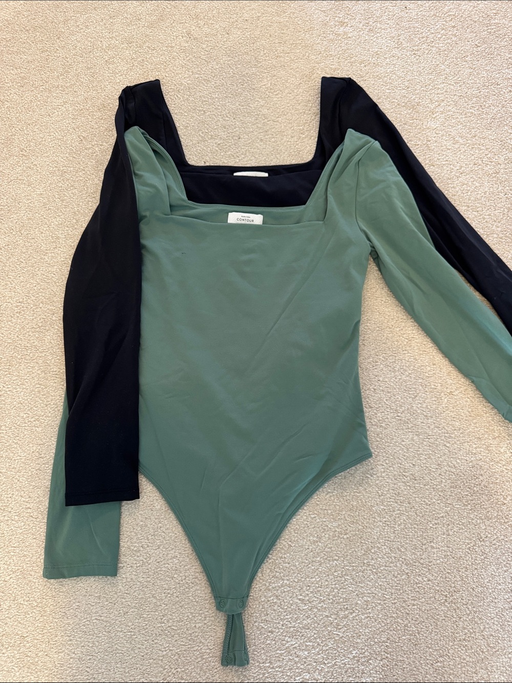 Contour Square Neck Long Sleeve Bodysuits - Green & Black